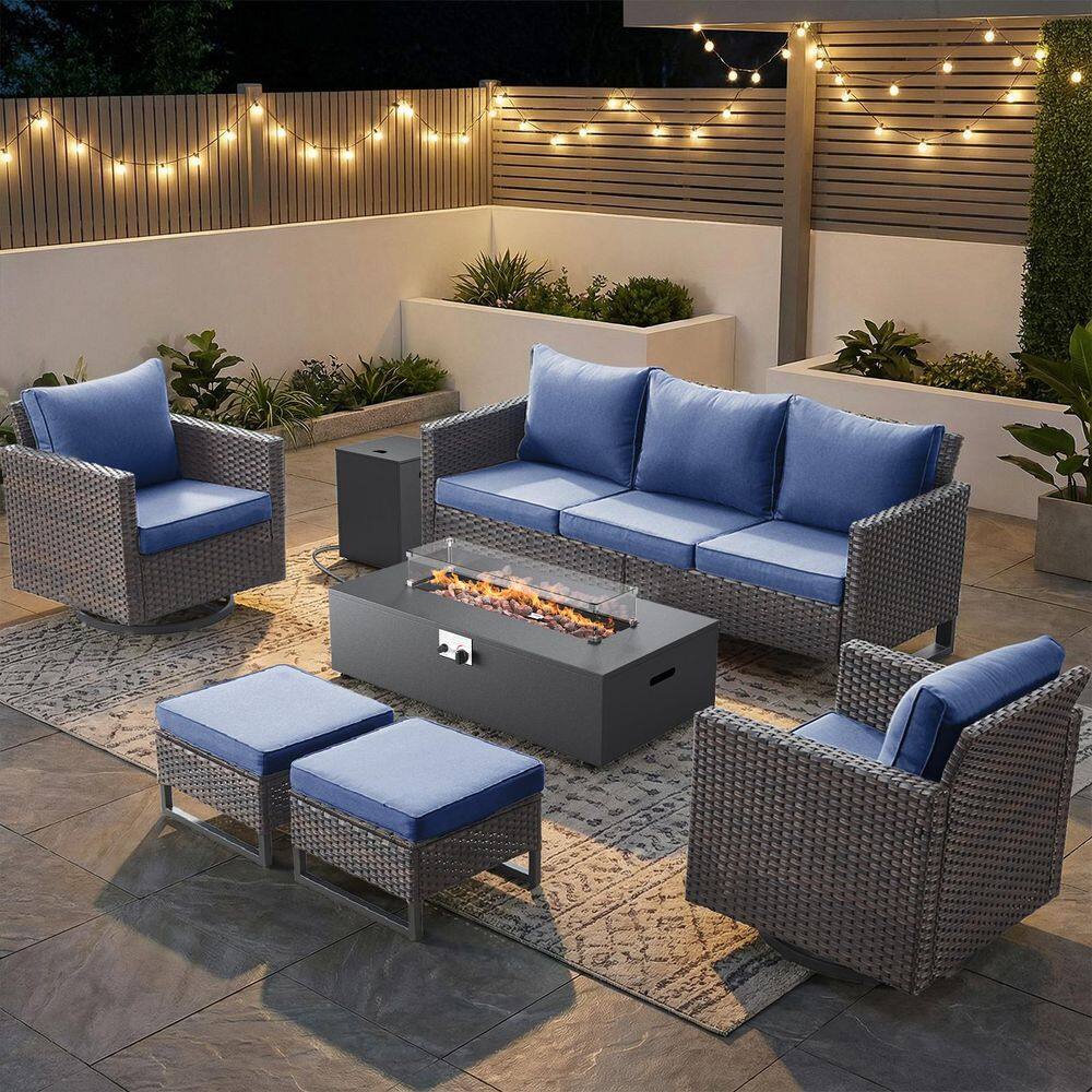 U-Frame 7-Piece Brown Wicker Fire Pit Conversation Set with Olefin Blue Cushions and Couch/ Patio Swivel Chairs price history on PriceWatchPro