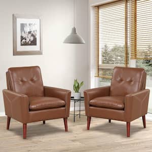 Modern Accent Chair Brown PU Leather Armchair Sofa Chair with Solid Wood Legs (Set of 2)