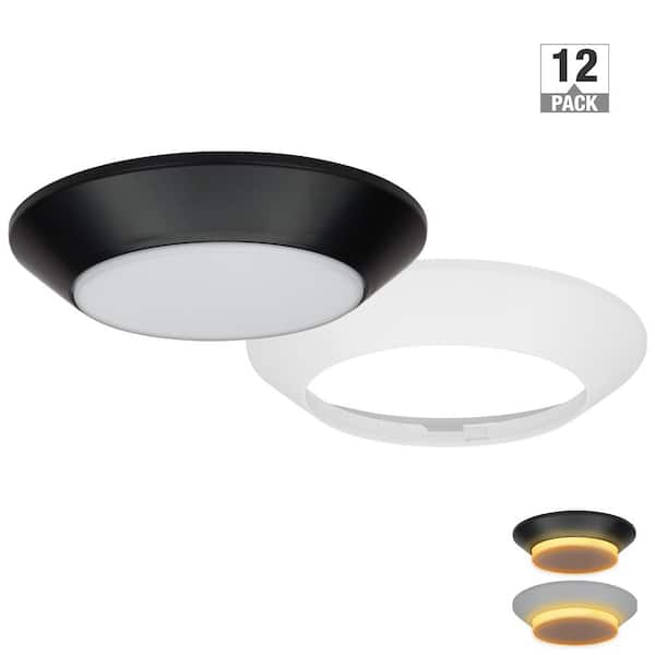 8 in. Twist Lift Round LED Flush Mount with Night Light and Extra Black Trim 800 Lumens Adjustable CCT (12-Pack)