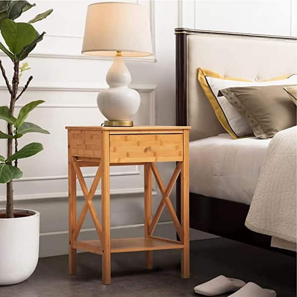 Oak Finish Night Stand Bedroom Bedside End Table with Storage Shelf and Drawer 