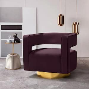 Gustaf Contemporary Velvet Purple Comfy Swivel Barrel Chair with Open Back and Metal Base