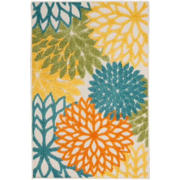 Nourison Aloha Turquoise Multicolor 3 ft. x 4 ft. Floral Contemporary Indoor/Outdoor Patio Kitchen Area Rug