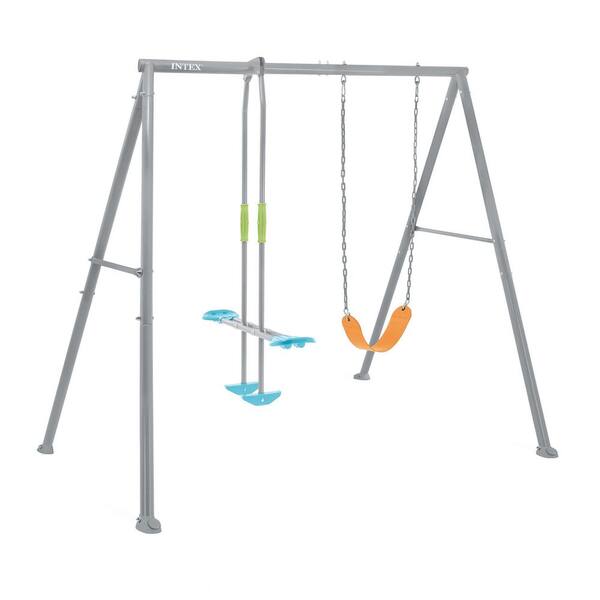 Two Feature Colored Playground Swing Set with Trapeze Bar for Kids, Gray