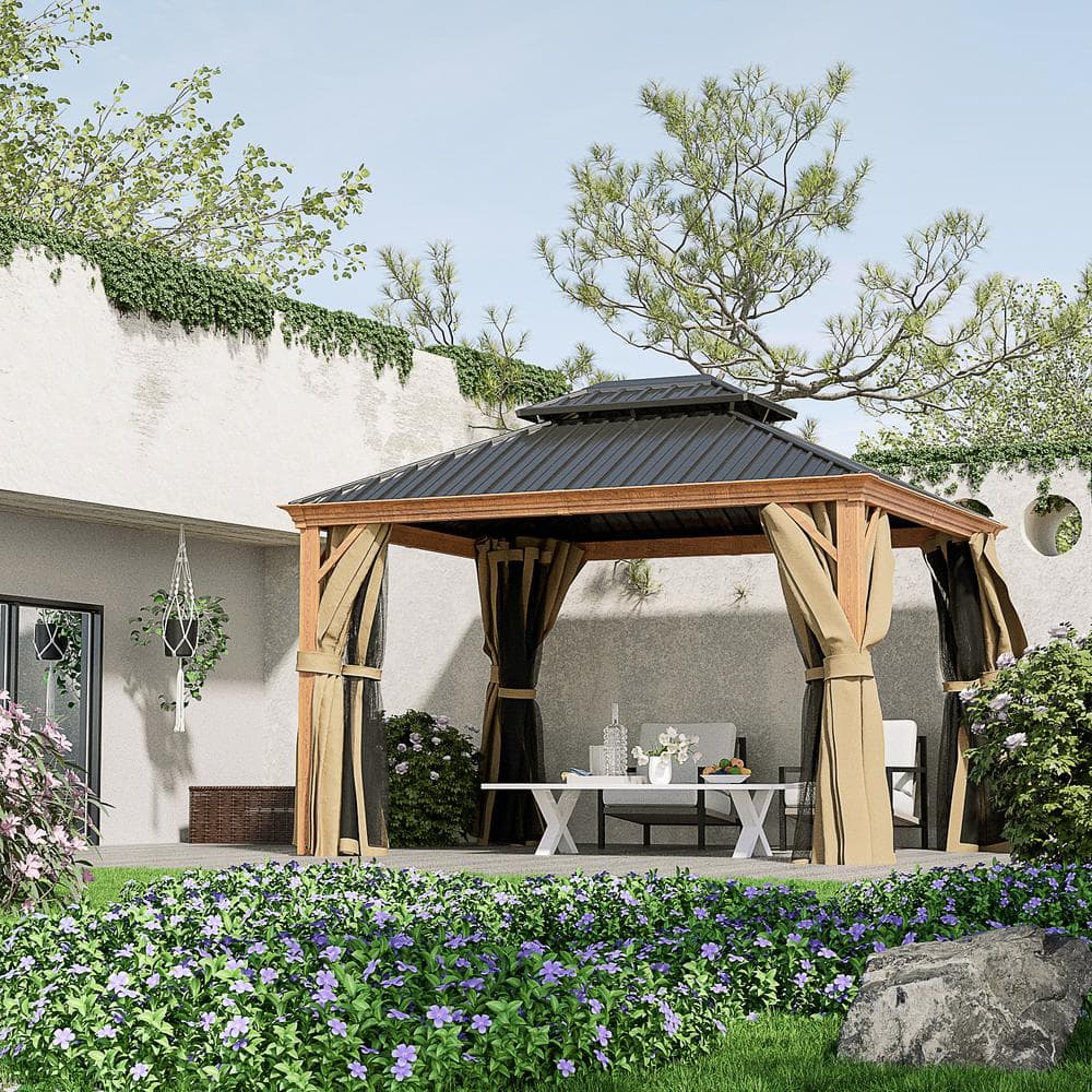 11x10 Black and Beige Metal Hardtop Patio Gazebo with Netting