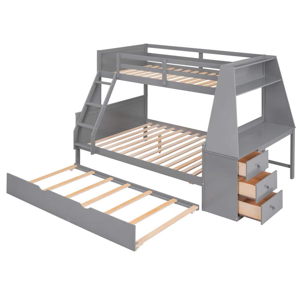 Nestfair Gray Wood Twin over Full Bunk Bed with Trundle,Built-in Desk ...