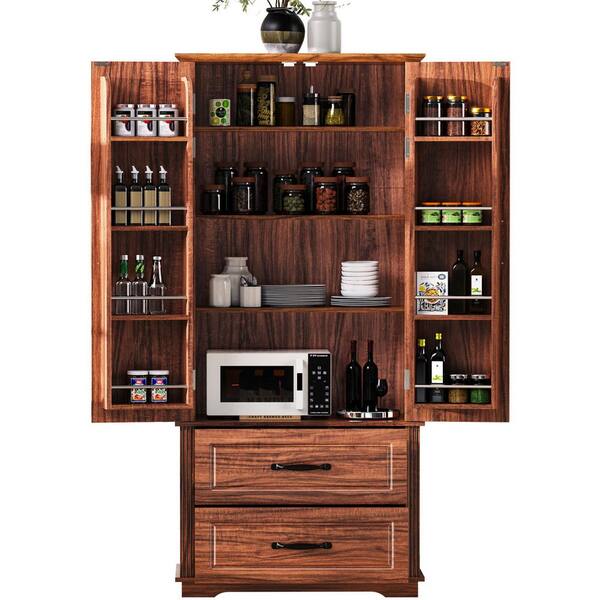Unbranded Brown Wood Pantry Organizer with 2 Large Drawers and 8 Door Shelves and 3 Cabinet Shelves for Kitchen, Dining, room