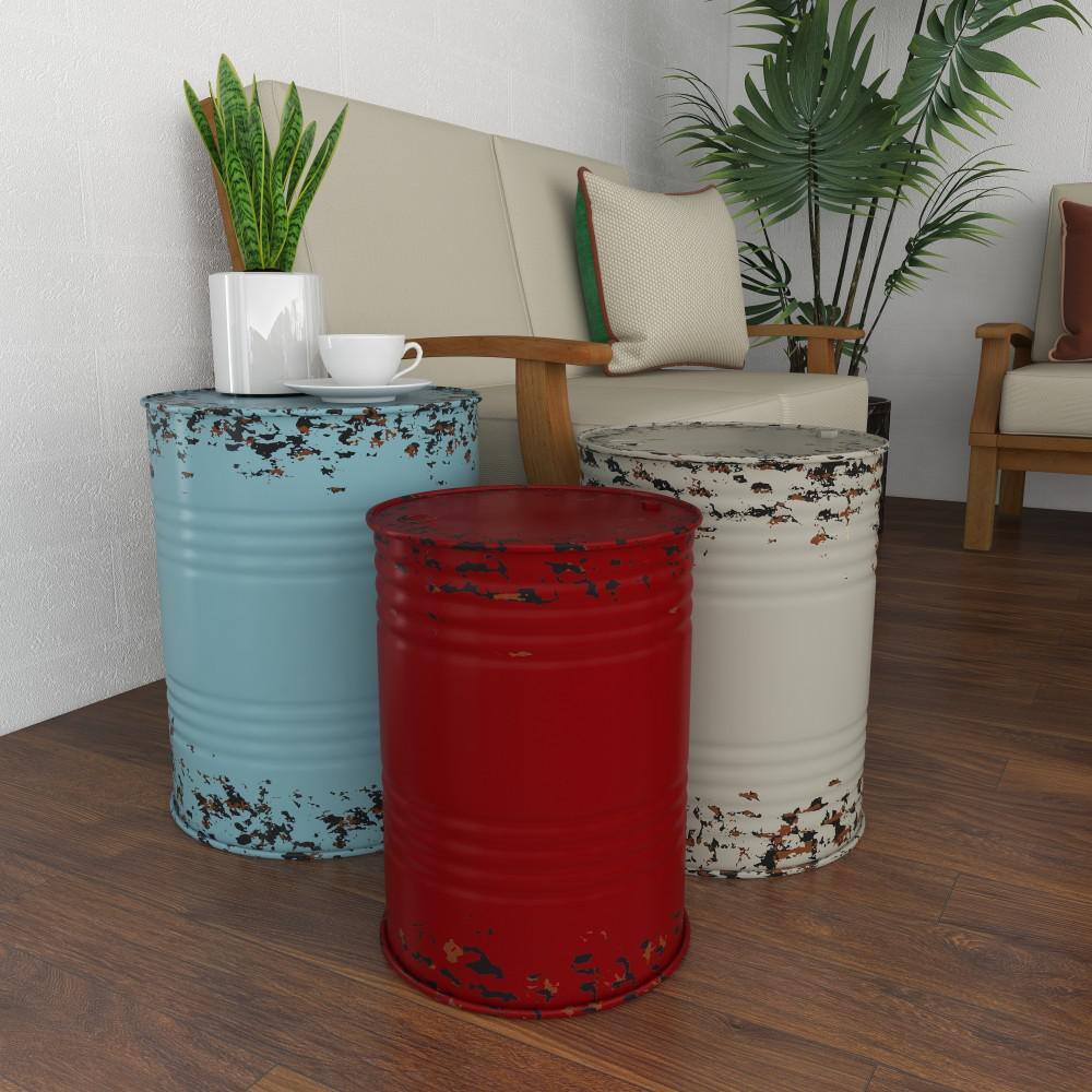 Multi Colored Metal Drum Nesting Accent Tables, Set of 3