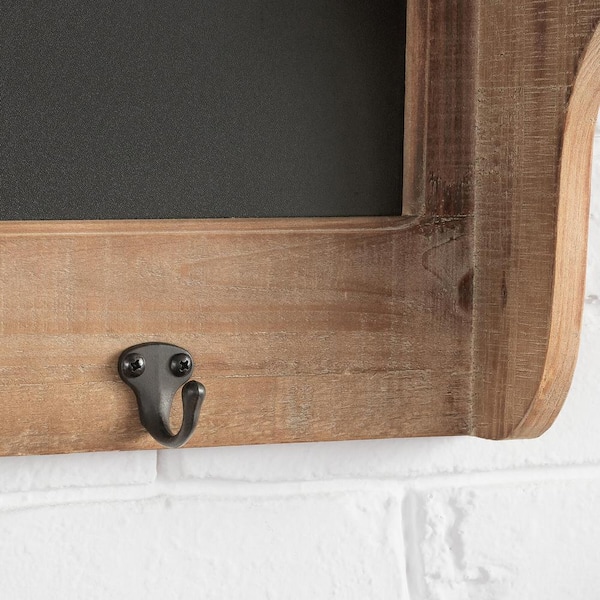 10 in. H x 32 in. W x 5 in. D Wood and Black Metal Wall-Mount Storage Shelf with 3 Hooks