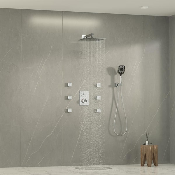 6-Spray Thermostatic Dual Shower Heads 12 in. Wall Mount Fixed and Handheld Shower Head 2.5 GPM in Chrome