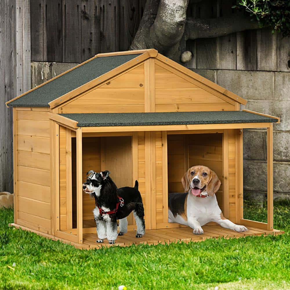 Medium Natural Wood Duplex Dog House with Porch