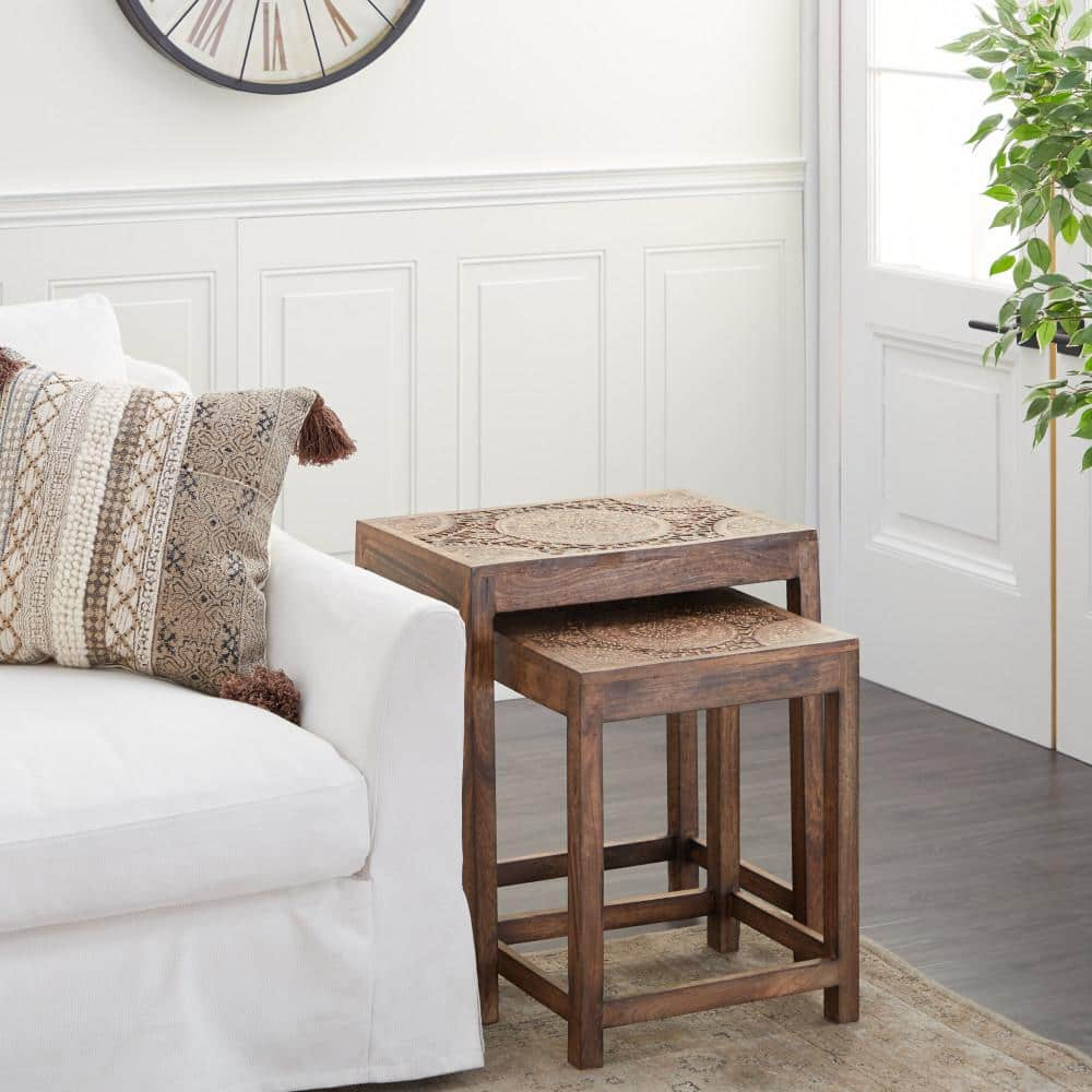 14 in. Brown Handmade Intricately Carved Floral Large Rectangle Wood End Accent Table (2- Pieces) -  Litton Lane, 22363