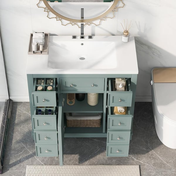 36 in. W x 18 in. D x 34 in. H Single Sink Bath Vanity in Green with White Ceramic Top