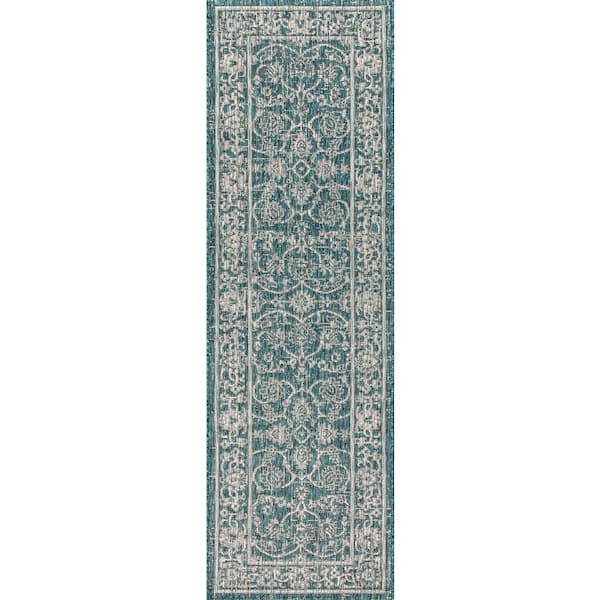 Palazzo Teal/Gray 2 ft. x 10 ft. Vine and Border Textured Weave Indoor/Outdoor Runner Rug