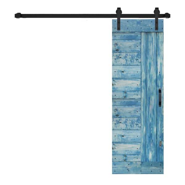 ISLIFE L Series 30 in. x 84 in. Worn Navy Finished Solid Wood Sliding Barn Door with Hardware Kit - Assembly Needed