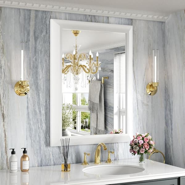 Apmir 24 in. W x 32 in. H Rectangular Aluminum Alloy Framed and Tempered Glass Wall Bathroom Vanity Mirror in Matte White