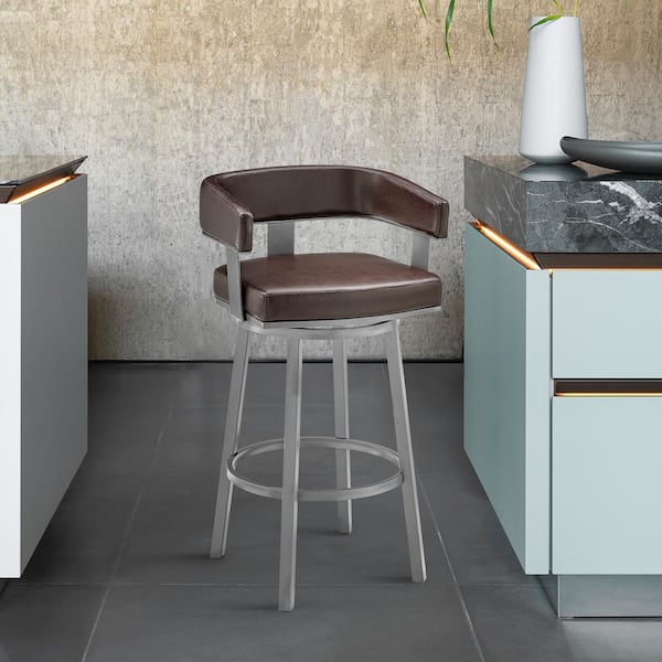 Armen Living Lorin 26 in. Chocolate/Java Brown Open Back Metal Counter Stool with Faux Leather Seat