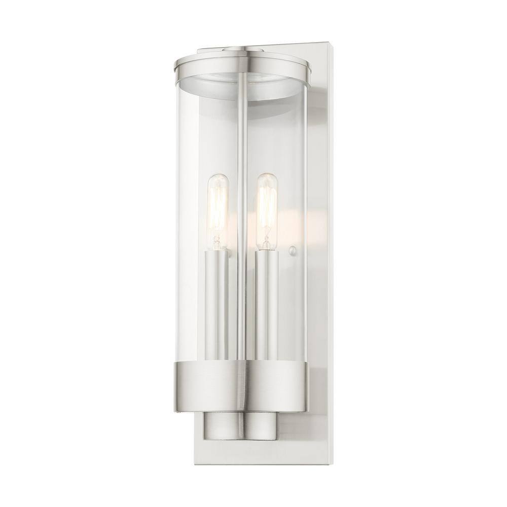 Brushed Nickel 2-Light Outdoor Wall Lantern with Clear Glass