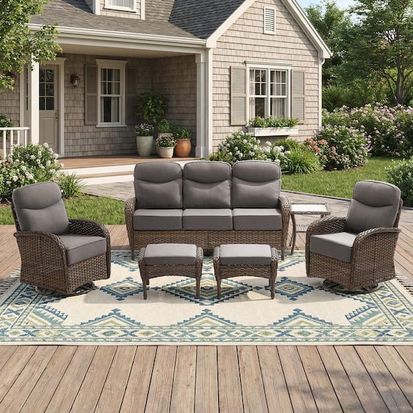 Moonridge 6-Piece Brown Wicker Patio Conversation Set with 6 in. Olefin Gray Cushions/Patio Swivel Chair with Sofa