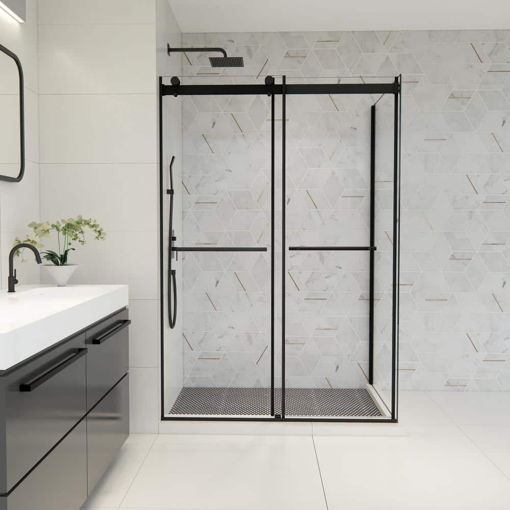 Belizzi 52" W x 76" H Frameless Matte Black Shower Enclosure with Clear Glass