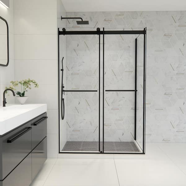 Belizzi 52 in. W x 76 in. H Sliding Frameless Shower Enclosure in Matte Black Finish with Clear Glass