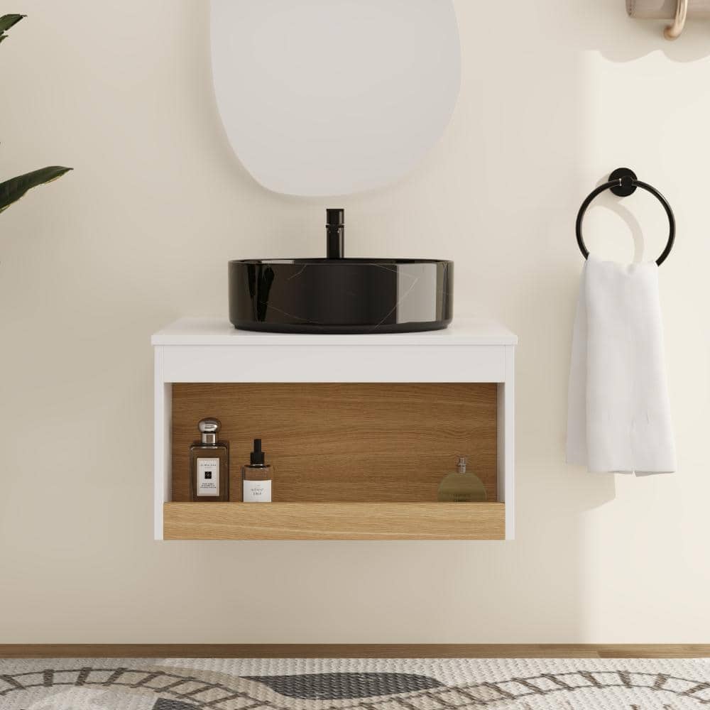 23.62 in. W x 19.69 in. D x 17.95 in. H Wall Mounted Bath Vanity in Light Oak with Black/White Ceramic Vanity Top price history on PriceWatchPro
