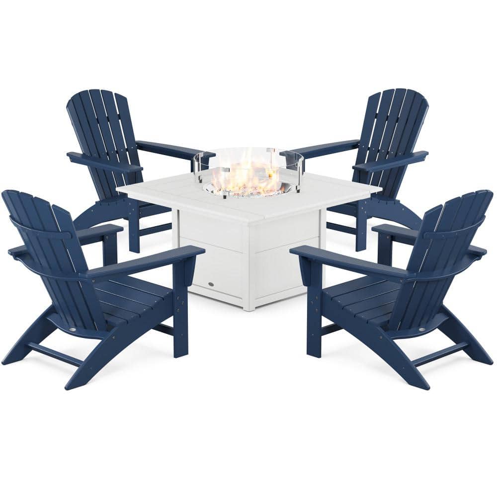 POLYWOOD Grant Park Navy/White 5-Piece HDPE Plastic Outdoor Adirondack Chair Patio Fire Pit Chat Set -  PWS542-1-10668