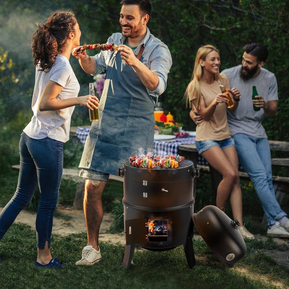 Black Vertical Charcoal Smoker Grill with Thermometer