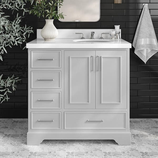 ARIEL Stafford 37 in. W x 22 in. D x 36 in. H Right Single Sink Freestanding Bath Vanity in Grey with Pure White Quartz Top