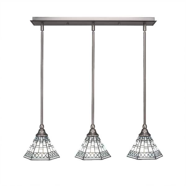 Unbranded Livingston 100-Watt 3 Light Brushed Nickel, Linear Pendant Light with 7 in. Pewter Art Glass Shade No Bulbs Included