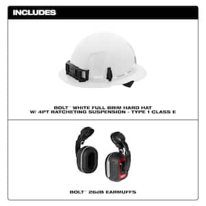 BOLT White Type 1 Class E Full Brim Non Vented Hard Hat w/4 Point Ratcheting Suspension W/BOLT HP Cap Mounted Ear Muffs