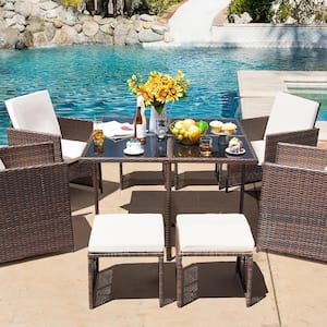 Brown 9-Piece Rattan Wicker Outdoor Dining Set with Washed Beige Cushion and Glass Table