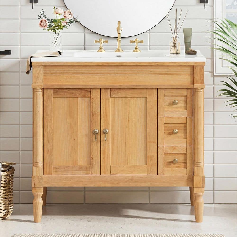 Ziyudura 36 in. Single Sink Freestanding Natural Wood Bath Vanity
