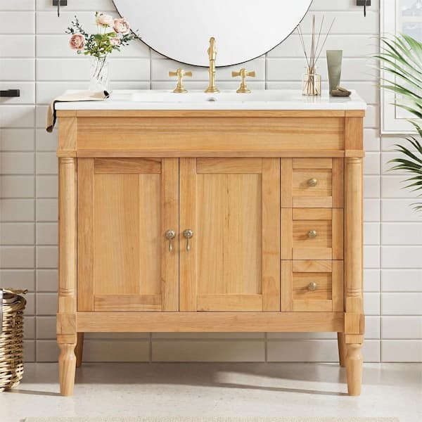 Ziyudura 36 in. Double Sink Floating Natural Wood Bath Vanity with