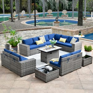Tahoe Grey 13-Piece Wicker Wide Arm Outdoor Patio Conversation Sofa Set with a Fire Pit and Navy Blue Cushions
