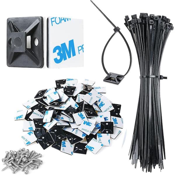 3/4 Strong Back-Glue Self Adhesive Cable Zip Tie Mounts with 8 Zip Ties, Screws, UV Protection, Black, 100-Pieces