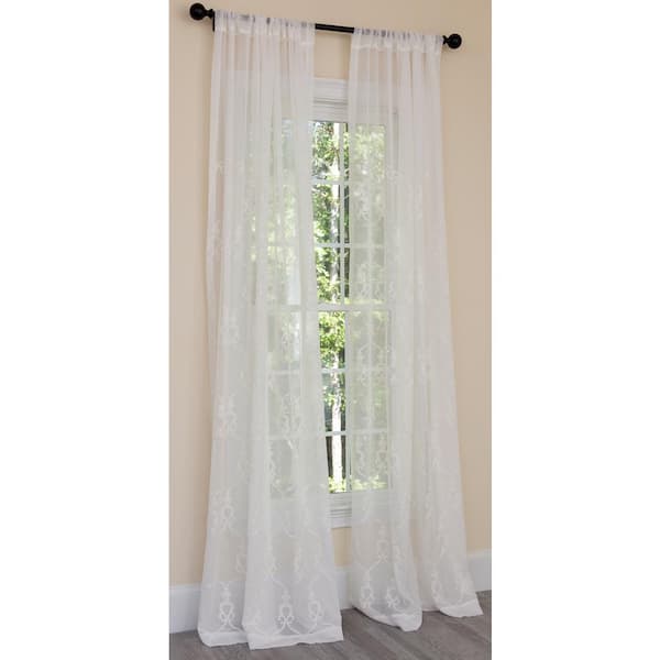 Manor Luxe White Damask Embroidered Rod Pocket Sheer Curtain - 54 in. W x 108 in. L (1-Piece)