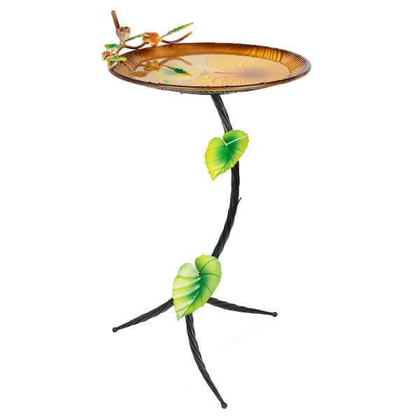 32 in. Metal Hummingbird Birdbath with Stand, Yellow/Gray