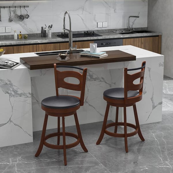 Costway 24 in. Brown High Back Rubber Wood Counter Stool with Leather Padded Seat 2 Set of Included