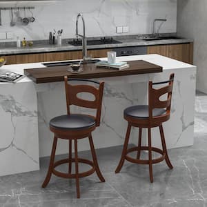 24 in. Brown High Back Rubber Wood Counter Stool with Leather Padded Seat 2 Set of Included