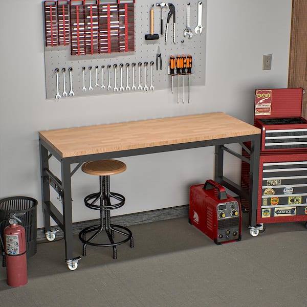 Unbranded 60 in.W Rolling Workbenches for Garage - Adjustable Height, Workshop Tool Bench, Metal with rubber Wood Top
