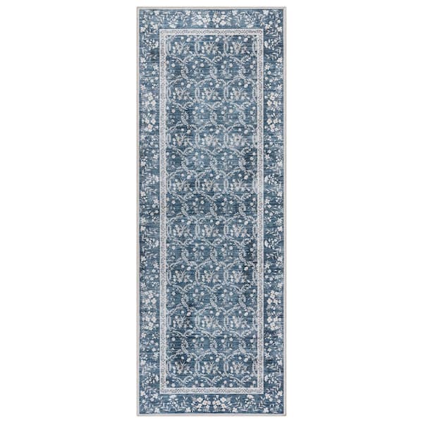 Gertmenian Crystal Print Vela Navy/Ivory 2 ft. x 6 ft. Floral Digitally Printed Polyester Runner Rug