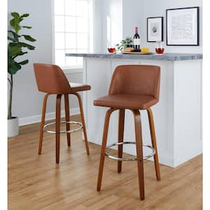 Toriano 29.5 in. Camel Faux Leather, Walnut Wood, and Chrome Metal Fixed-Height Bar Stool (Set of 2)