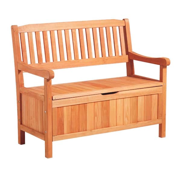 33 Gal. Wooden Outdoor Storage Bench, Weatherproof 2-Person Seating with Backrest, Armrest, Built-in Deck Box
