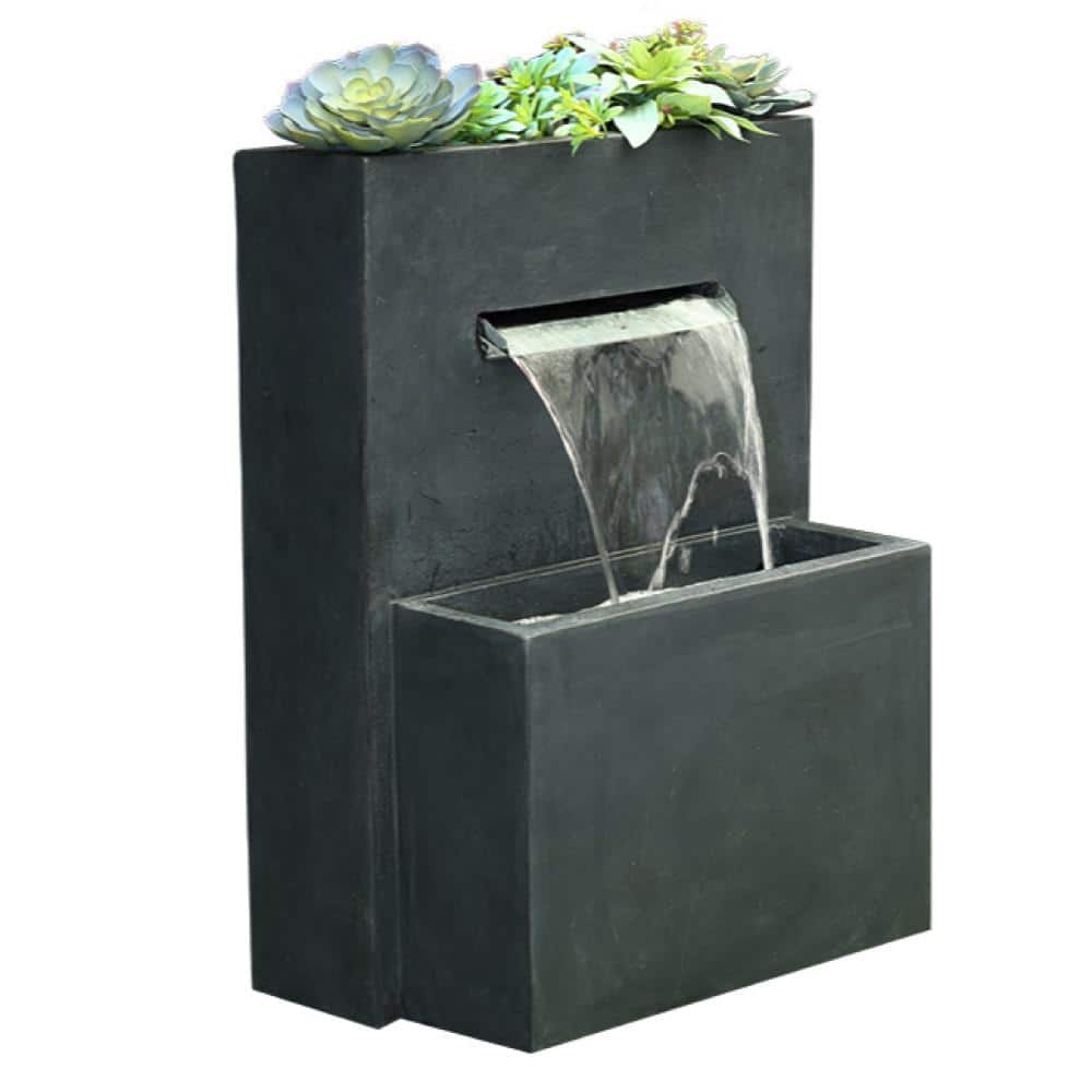 Gray Polyresin Modern Rectangular Waterfall Fountain with Planter