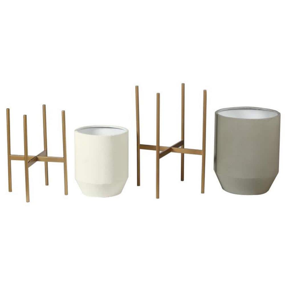 Set of 2 Gray and Off White Metal Planters with Gold Stand