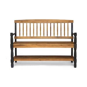 Lennon Farmhouse Teak Brown and Black Acacia Wood Indoor Bench with Shelf