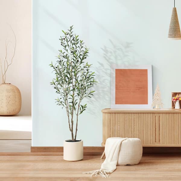 6 ft. Artificial Olive Tree with White Planter, Large Faux Olive Silk Tree for Indoor Home Decor and Housewarming Gift