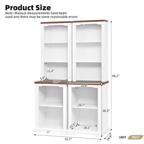 Rivora Modern 66.1 in. Tall White + Walnut Finish Wood 3 Shelves Open Storage Accent Standard Bookcase, Set of 2