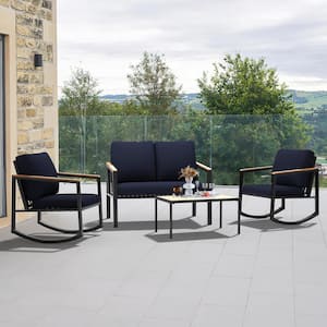 4-Piece Metal Outdoor Navy Patio Conversation Set with Cushions, 2-Rocking Chairs and Coffee Table