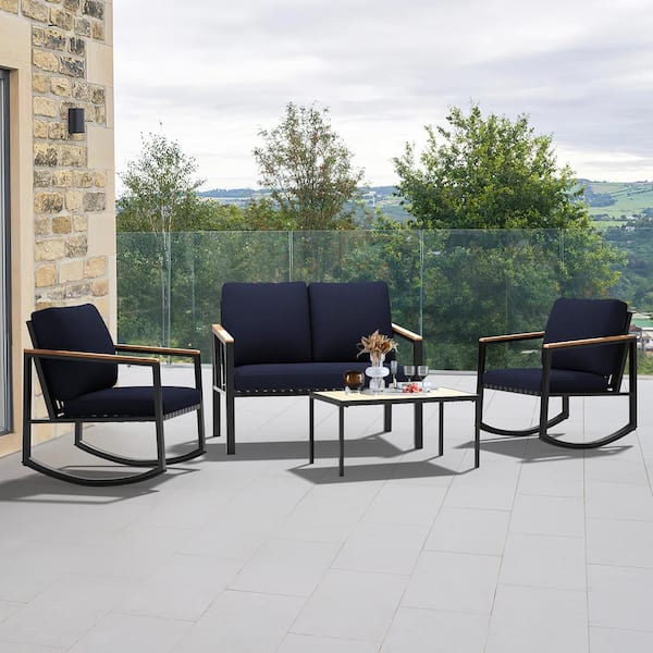 JEAREY 4-Piece Metal Outdoor Navy Patio Conversation Set with Cushions, 2-Rocking Chairs and Coffee Table